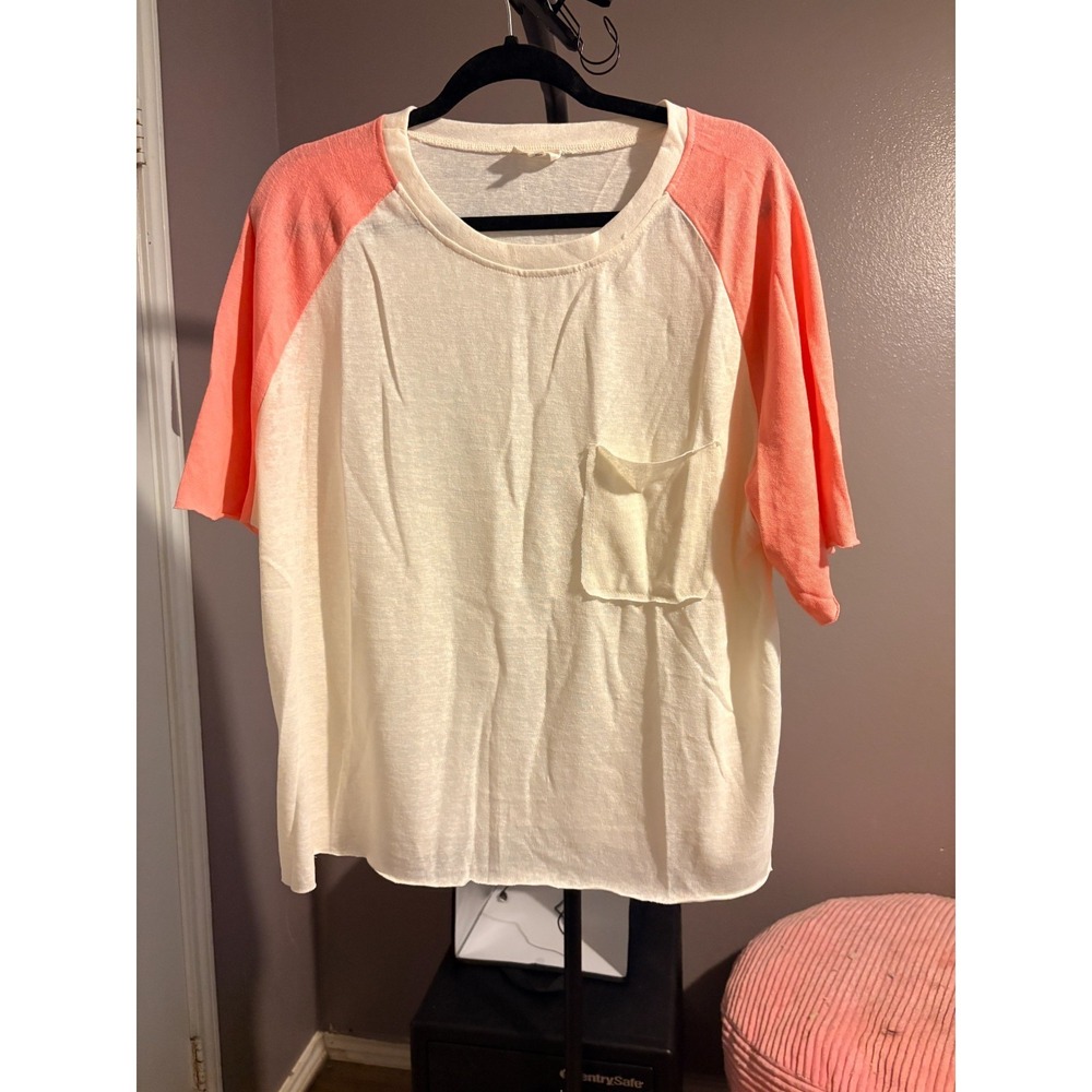 POL - Jersey Style Boyfriend Tshirt, Cream and Pink, Sz M